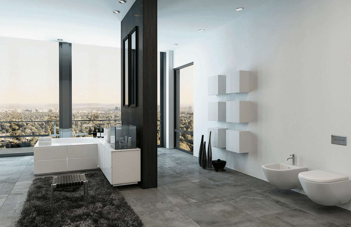 Salle de bain moderne avec vue et aménagement minimaliste.