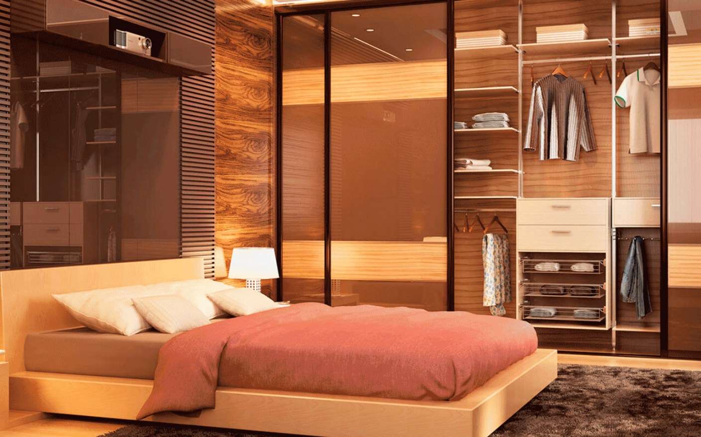 Modern bedroom with wardrobe and bed
