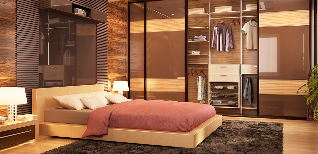Chambre à coucher moderne avec armoire ouverte